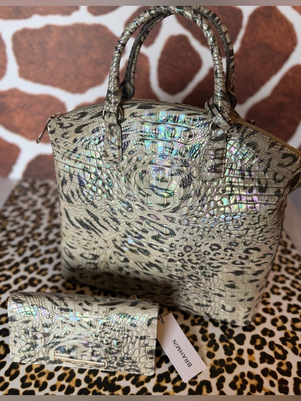 NWT BRAHMIN LARGE DUXBURY OBSESSION Animal Print With Wallet Leopard Cheetah - Picture 2 of 16